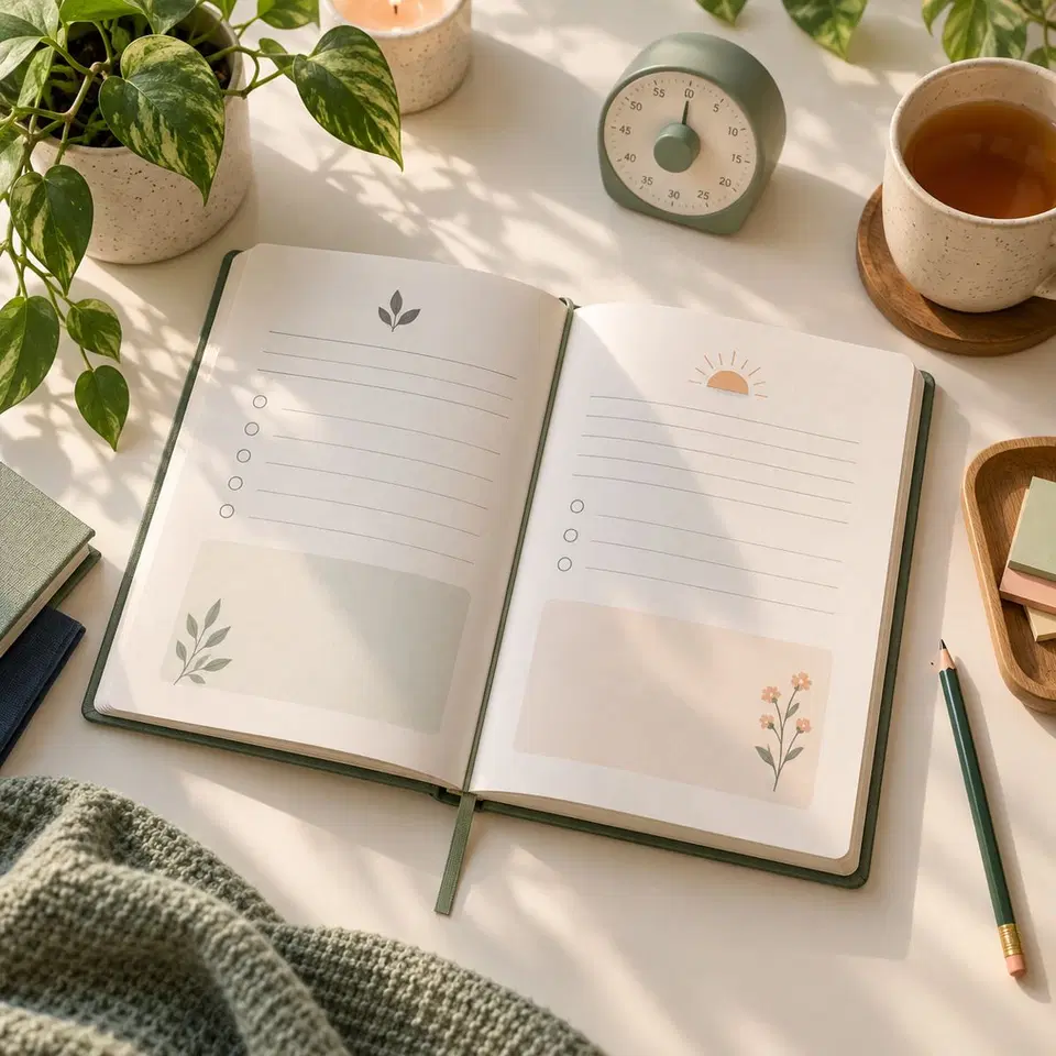 Calm blue Focus Reset Workbook cover with prompts for rebuilding a more deliberate workday.