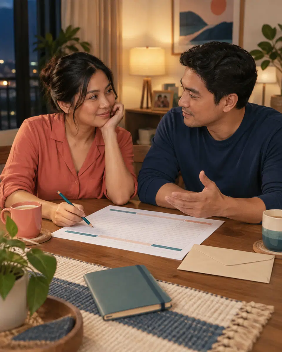 Two adults review a household planning sheet together at a table, showing a calm shared budgeting conversation.